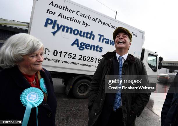 Brexit Party leader Nigel Farage and Ann Widdecombe, MEP for the South West England for the Brexit Party visit Plymouth Fisheries at Sutton Harbour...