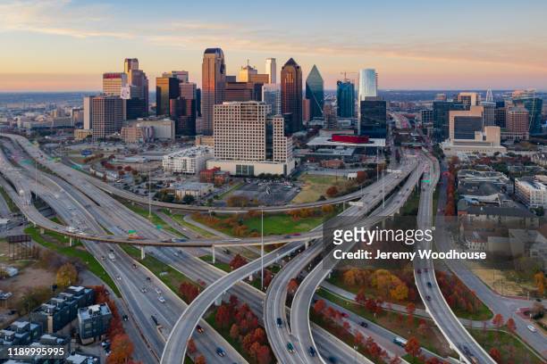 elevated view of the dallas skyline at dawn - north america skyline stock pictures, royalty-free photos & images