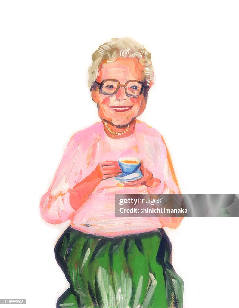 Grandma in pink with cup of tea