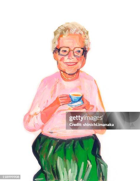 grandma in pink with cup of tea - japan old lady stock illustrations