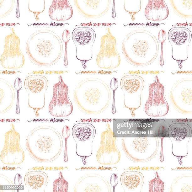 honeynut butternut squash and soup seamless pattern background. vector ink and watercolor drawing. - squash soup stock illustrations