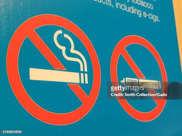 Close-up of a combined No Smoking and No Vaping sign, San Francisco, California, October 16, 2019. Many public institutions have banned e cigarettes...