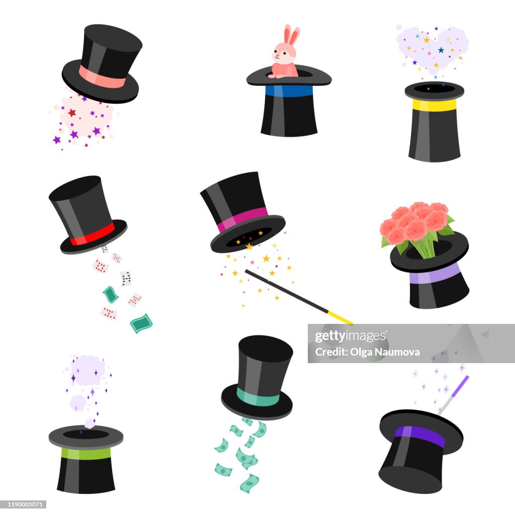 Random Magic Hat Set Of Black Magic Hats With Miracles Vector Illustration High-Res ...
