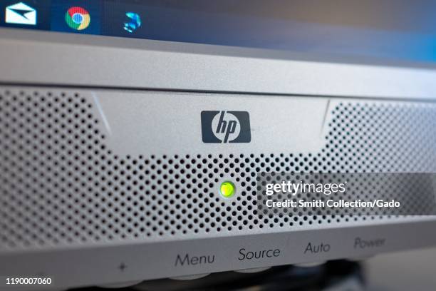 Close-up of logo for Hewlett Packard, or HP, on a computer monitor, August 21, 2019.