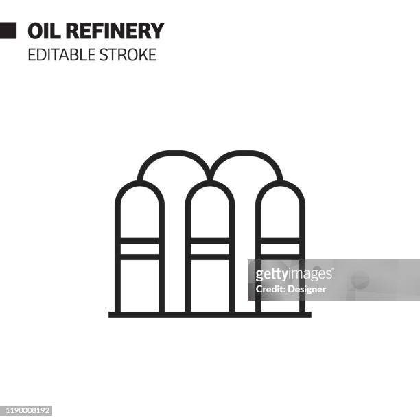 illustrazioni stock, clip art, cartoni animati e icone di tendenza di icona linea raffineria di petrolio, illustrazione del simbolo vettoriale del contorno. pixel perfetto, tratto modificabile. - distillazione
