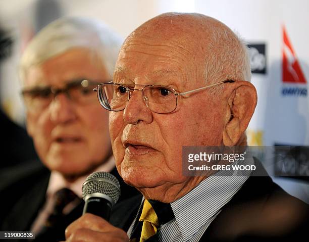 Former Australian Wallabies player Eric Tweedale and Terry Curley attend a function in Sydney on July 14, 2011 to announce the Australian Rugby...