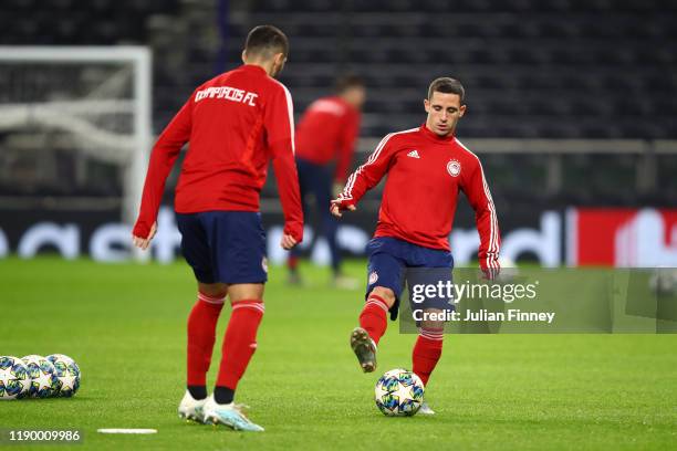 Daniel Podence of Olympiacos participates in a training session ahead of their UEFA Champions League Group B match against Tottenham Hotspur at...