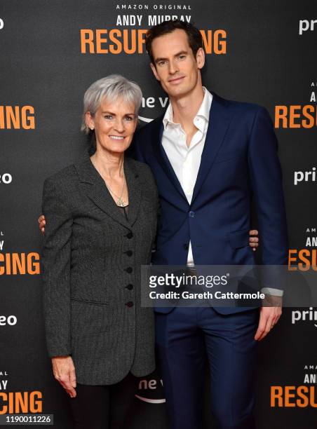 Judy Murray and Andy Murray attend the "Andy Murray: Resurfacing" world premiere at the Curzon Bloomsbury on November 25, 2019 in London, England.