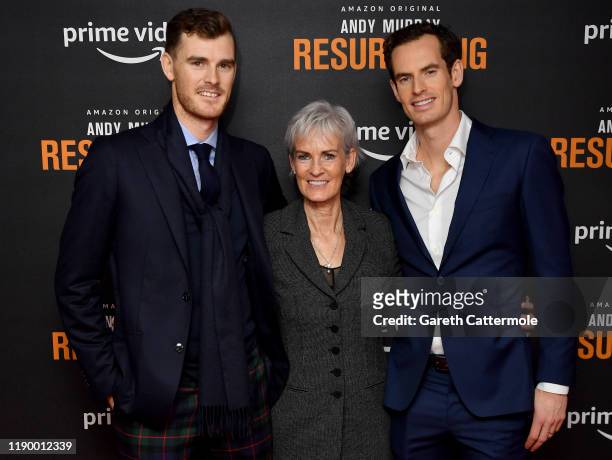 Jamie Murray, Judy Murray and Andy Murray attend the "Andy Murray: Resurfacing" world premiere at the Curzon Bloomsbury on November 25, 2019 in...