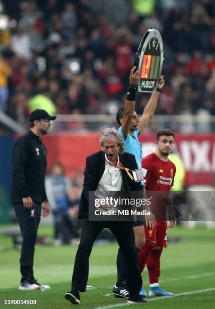 Jorge Jesus Head coach of CR Flamengo reacts, during the FIFA Club World Cup Final Match between Liverpool FC and CR Flamengo at Khalifa...