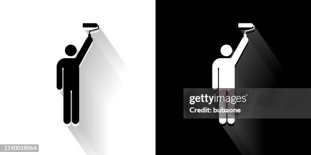 man and paint roller black and white icon with long shadow - assorted work tools stock illustrations