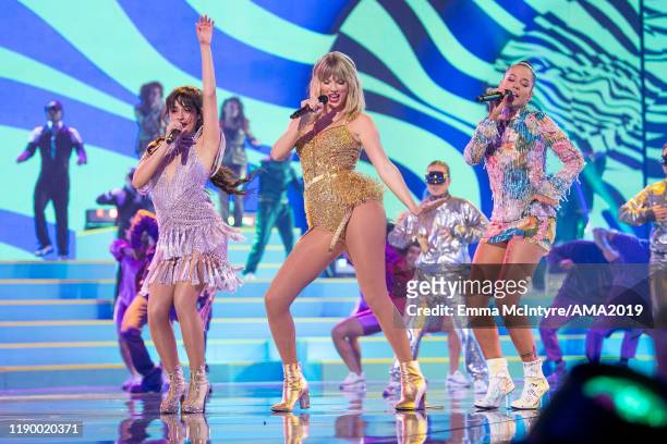 Camila Cabello, Taylor Swift, and Halsey perform onstage at the 2019 American Music Awards at Microsoft Theater on November 24, 2019 in Los Angeles,...