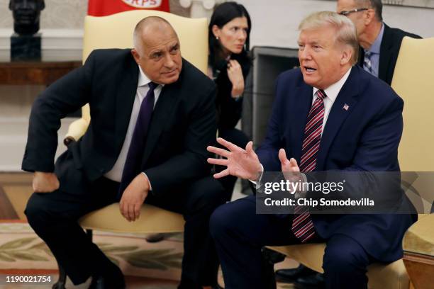 President Donald Trump and Bulgarian Prime Minister Boyko Borissov talk to members of the news media in the Oval Office at the White House November...