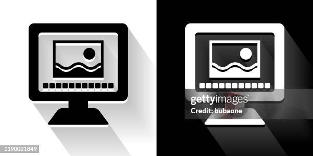 photo viewing on computer black and white icon with long shadow - computer screens multiple stock illustrations