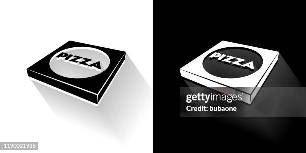 pizza box black and white icon with long shadow - pizza boxes stock illustrations