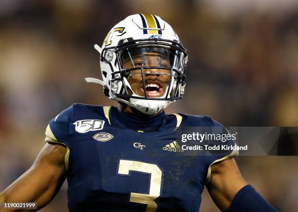 Tre Swilling of the Georgia Tech Yellow Jackets reacts during the second half against the North Carolina State Wolfpack at Bobby Dodd Stadium on...