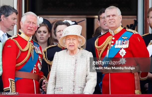 Prince Charles, Prince of Wales, Queen Elizabeth II and Prince Andrew, Duke of York watch a flypast from the balcony of Buckingham Palace during...