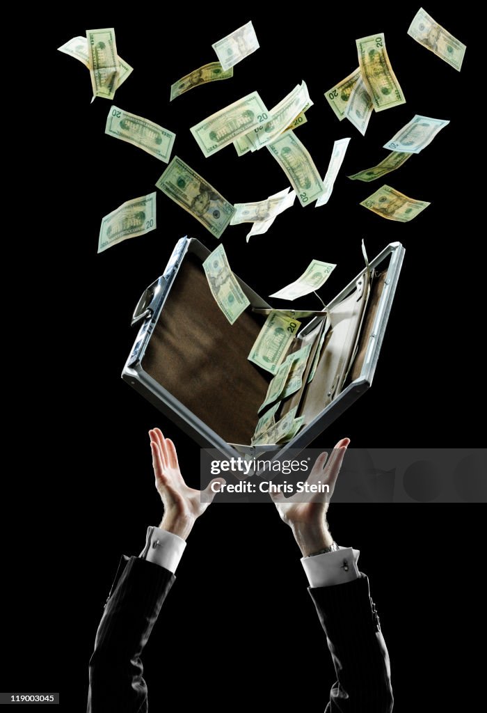 Businessman catching a brefcase full of money