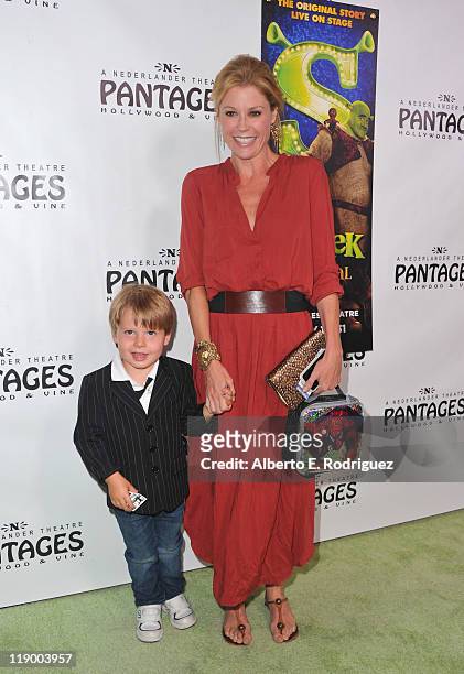 Actress Julie Bowen and son Oliver McLanahan Phillips arrive to the Los Angeles Opening Night of "Shrek The Musical' at the Pantages Theatre on July...