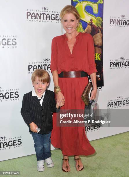 Actress Julie Bowen and son Oliver McLanahan Phillips arrive to the Los Angeles Opening Night of "Shrek The Musical' at the Pantages Theatre on July...