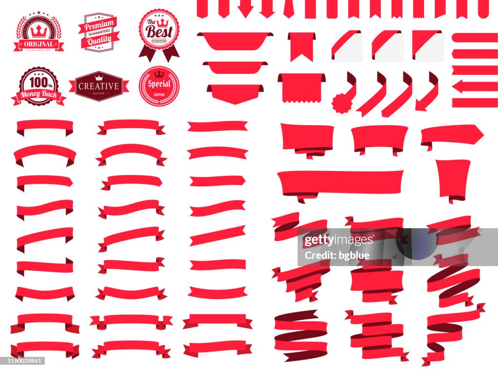 Ensemble de rubans rouges, bannières, insignes, étiquettes - Éléments de conception sur fond blanc