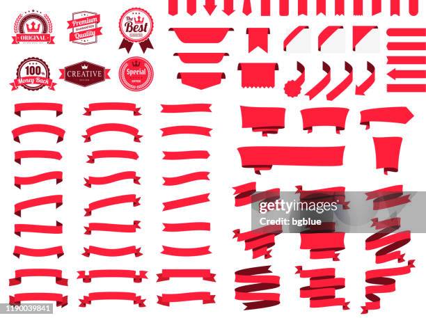 set of red ribbons, banners, badges, labels - design elements on white background - ribbon sewing item stock illustrations
