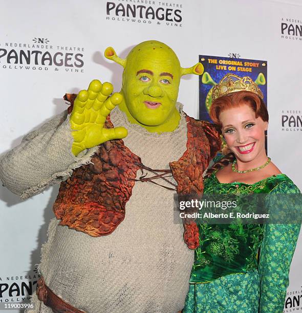 Actor Eric Petersen as Shrek and actress Haven Burton as Princess Fiona arrive to the Los Angeles Opening Night of "Shrek The Musical' at the...