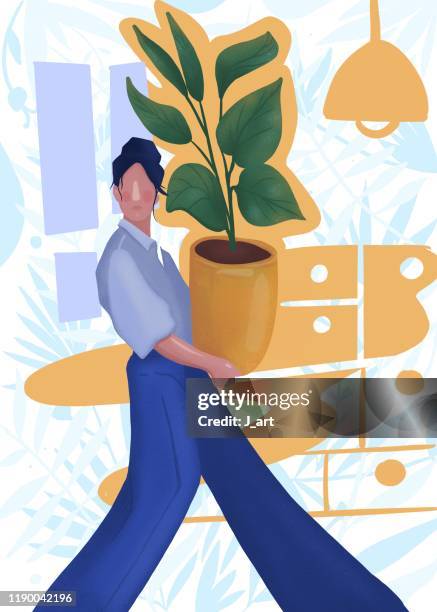 young woman holding pot with a plant. - art deco home stock pictures, royalty-free photos & images