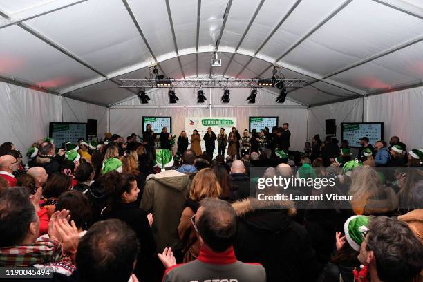 Anne Hidalgo, Raphael Mezrahi, Chantal Goya and Gad Elmaleh attend "La Brigade Des Peres Noel Verts" Launch Day on November 25, 2019 in Paris, France.