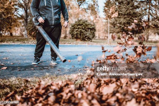 autumn leaf cleaning in park - leaf blower stock pictures, royalty-free photos & images
