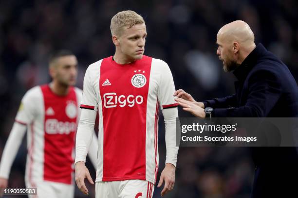 Donny van de Beek of Ajax, coach Erik ten Hag of Ajax during the Dutch Eredivisie match between Ajax v ADO Den Haag at the Johan Cruijff Arena on...