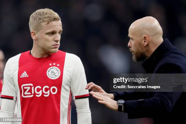 Donny van de Beek of Ajax, coach Erik ten Hag of Ajax during the Dutch Eredivisie match between Ajax v ADO Den Haag at the Johan Cruijff Arena on...