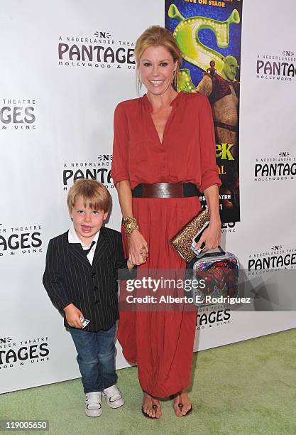 Actress Julie Bowen and son Oliver McLanahan Phillips arrive to the Los Angeles Opening Night of "Shrek The Musical' at the Pantages Theatre on July...