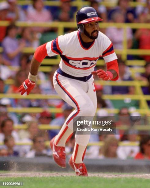 Harold Baines of the Chicago White Sox bats during an MLB game at Comiskey Park in Chicago, Illinois.