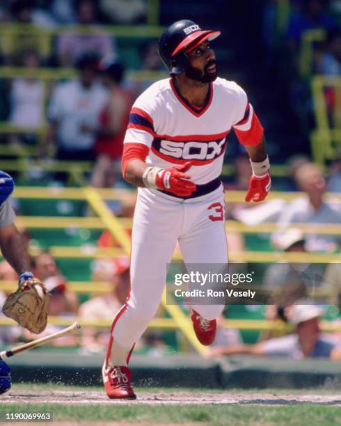 Harold Baines of the Chicago White Sox bats during an MLB game at Comiskey Park in Chicago, Illinois.