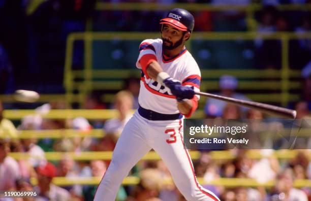 Harold Baines of the Chicago White Sox bats during an MLB game at Comiskey Park in Chicago, Illinois.