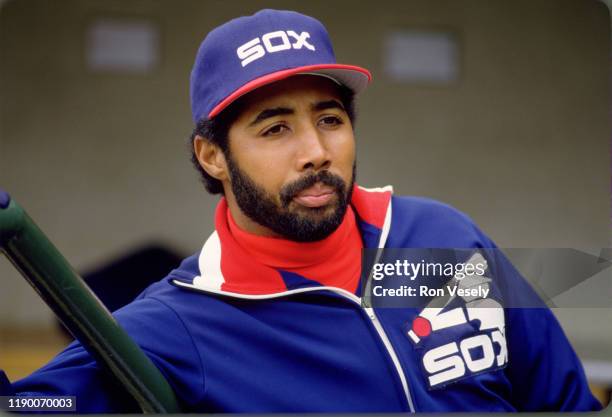Harold Baines of the Chicago White Sox looks on during an MLB game at Comiskey Park in Chicago, Illinois.