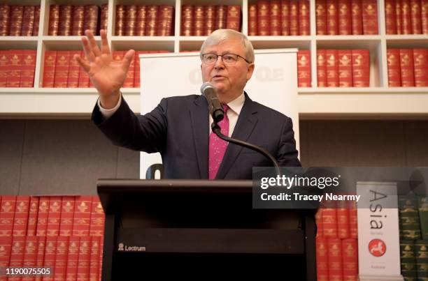 Former Prime Minister Kevin Rudd speaks at the launch of 'Red Flag, Waking Up To China's Challenges' Quarterly Essay by Peter Hartcher at Parliament...