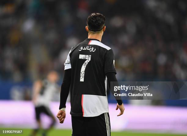 Cristiano Ronaldo of Juventus looks on during the Italian Supercup match between Juventus and SS Lazio at King Saud University Stadium on December...