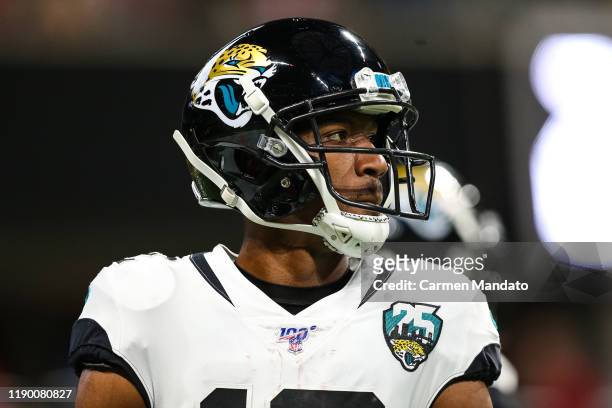 Dede Westbrook of the Jacksonville Jaguars looks on prior to a game against the Atlanta Falcons at Mercedes-Benz Stadium on December 22, 2019 in...