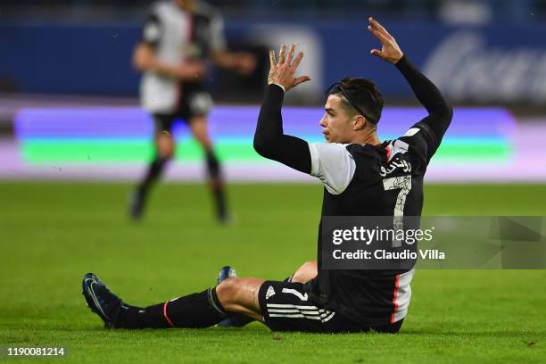 Cristiano Ronaldo of Juventus reacts during the Italian Supercup match between Juventus and SS Lazio at King Saud University Stadium on December 22,...