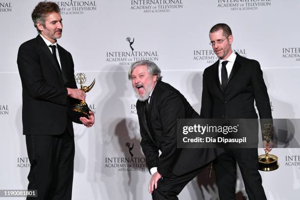 David Benioff and D.B. Weiss Winner of the Founder award with Presenter Conleth Hill during the 2019 International Emmy Awards Gala on November 25,...