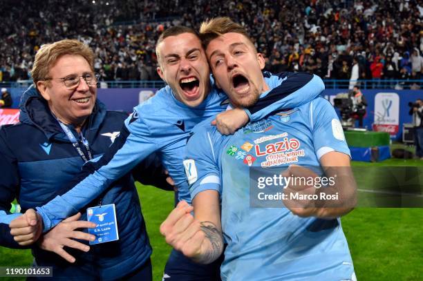 Sergej Milinkovic-Savic and Adam Marusic of SS Lazio celebrate the winning of Supercup after the Italian Supercup match between Juventus and SS Lazio...