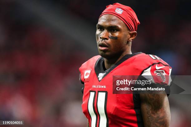 Julio Jones of the Atlanta Falcons looks on during the first half of a game against the Jacksonville Jaguars at Mercedes-Benz Stadium on December 22,...