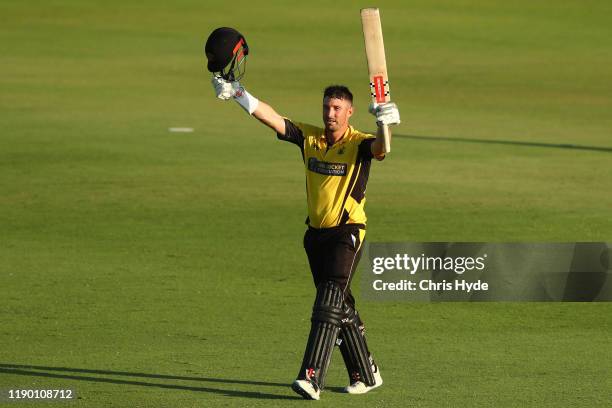 Shaun Marsh of Western Australia celebrates his century during the Marsh One Day Cup Final between Queensland and Western Australia at the Allan...