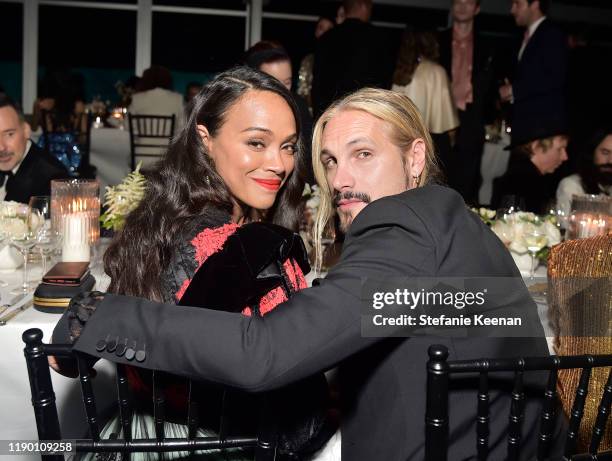 Zoe Saldana, wearing Gucci, and Marco Perego attend the 2019 LACMA Art + Film Gala Presented By Gucci at LACMA on November 02, 2019 in Los Angeles,...