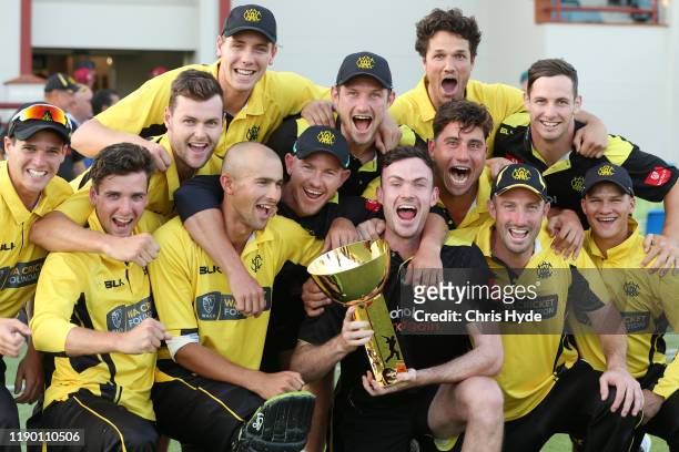 Western Australia hold the Marsh Cup after winning the Marsh One Day Cup Final between Queensland and Western Australia at the Allan Border Field on...