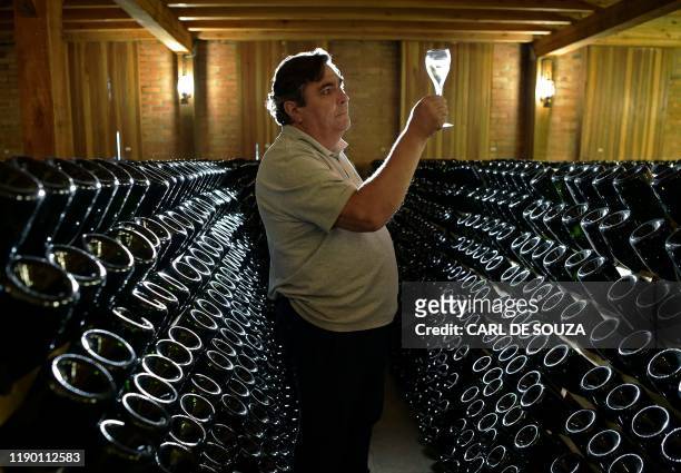 Director Carlos Abarzua examines a glass of white wine at the Familia Geisse vineyard in Pinto Bandeira, Rio Grande do Sul state, Brazil, on December...