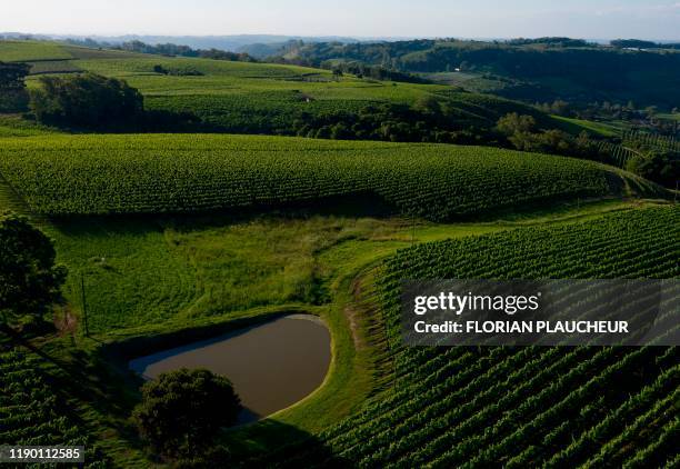 Aerial view of the Familia Geisse vineyard in Pinto Bandeira, Rio Grande do Sul state, Brazil, on December 3, 2019. - Pinto Bandeira is one of the...