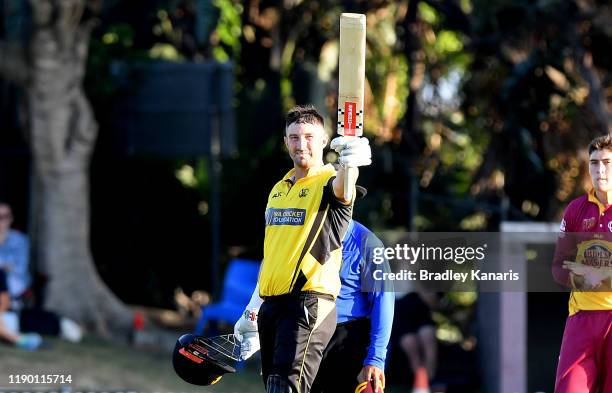 Shaun Marsh of Western Australia celebrates scoring a century during the Marsh One Day Cup Final between Queensland and Western Australia at the...